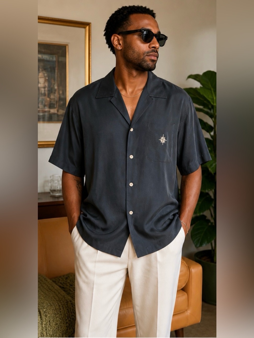 Cutter & Buck 100% Silk Camp Shirt Men’s Charcoal Short Sleeve Button Down, XL